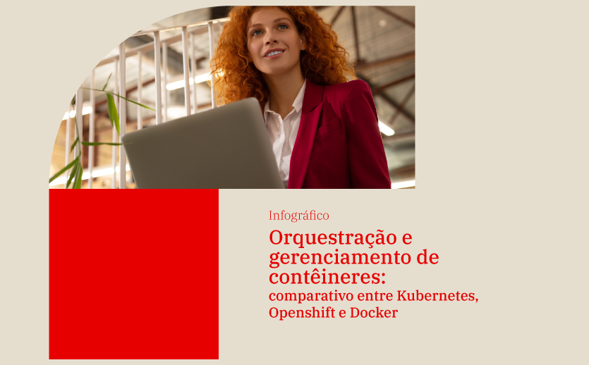 Uma mulher ruiva executiva olha para frente com um notebook cinza no colo. Embaixo está escrito: Infográfico. Orquestração e gerenciamento de contêineres: comparativo entre Kubernetes, Openshift e Docker.