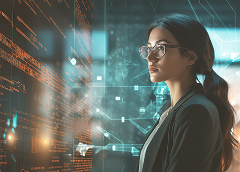 Mulher gerada por IA num ambiente tecnológico, com códigos e circuitos virtuais em volta dela.