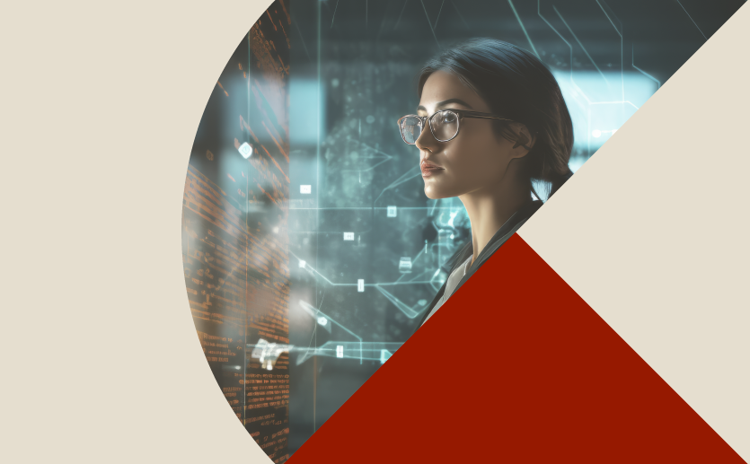 Mulher de óculos e cabelo liso preso observa um painel holográfico.