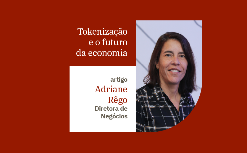 Foto de Adriane Rêgo, uma mulher branca, de cabelos lisos e castanhos de tamanho médio, com uma blusa preta de listas brancas. A imagem ilustra seu artigo sobre tokenização da economia.