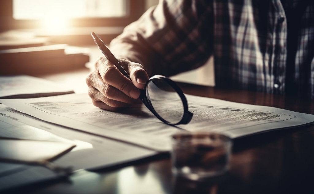 Close em um homem analisando documentos com uma lupa
